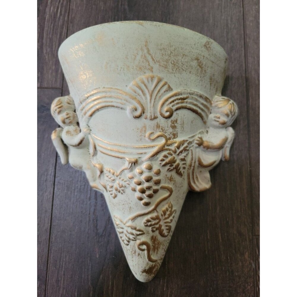 Pottery Wall Pocket Vase White Green Gold Distressed Cherubs Grapevine Vtg 9x7x3